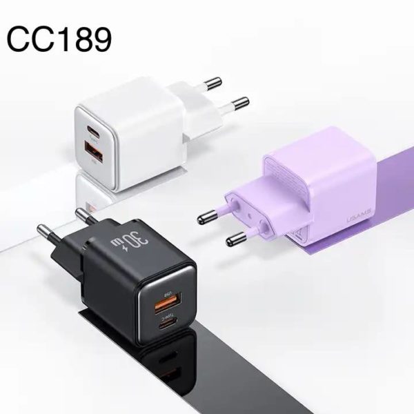 СЗУ USAMS US-CC189 PD30W+QC3.0 USB+Type-C Dual-port Fast Charger purple 1