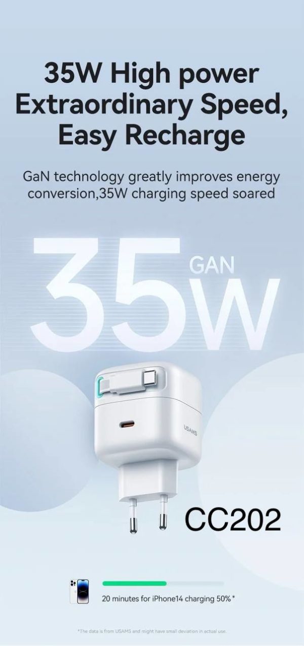 СЗУ USAMS US-CC202 PD35W Dual Output GaN Type-C+Magnetic Retractable white 1