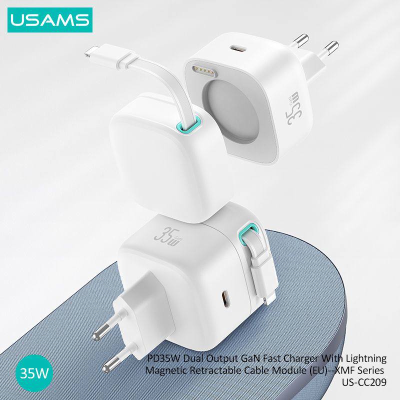 СЗУ USAMS US-CC209 PD35W Dual Output GaN Lightning+Magnetic Retractable white 1 СЗУ USAMS US-CC209 PD35W Dual Output GaN Lightning+Magnetic Retractable white 1