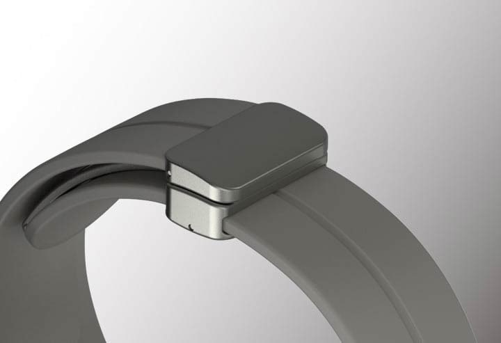 Крупный план спортивного ремешка Grey Galaxy Watch5 Pro с D-пряжкой, на котором видна D-образная пряжка магнитного типа.