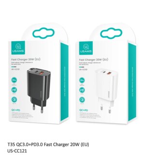 СЗУ USAMS US-CC121 T35 USB+USB-C QC3.0+PD3.0 20W black 1