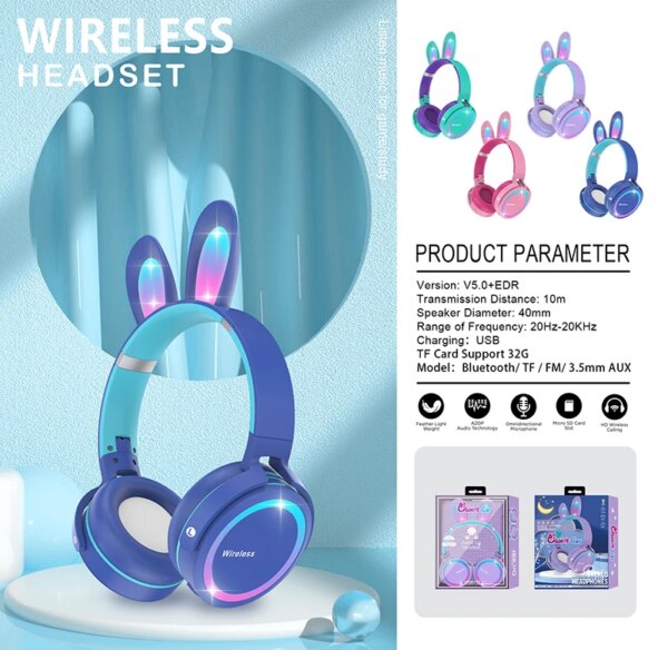 Беспроводные наушники, детские Rabbit Ear LED Bluetooth 5.0 поддержка TF-карты, синие, PM05 1