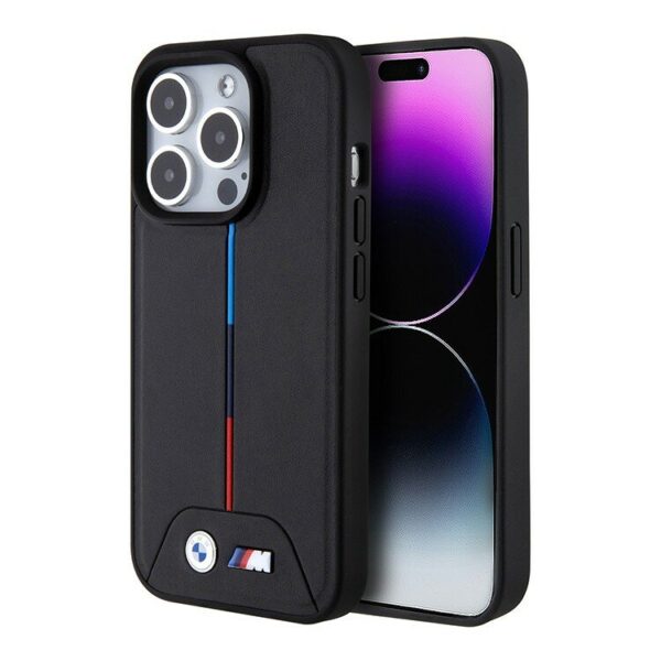 BMW для iPhone 15 Pro чехол M-Collection PU Hot stamp tricolor Hard Black (MagSafe) 1