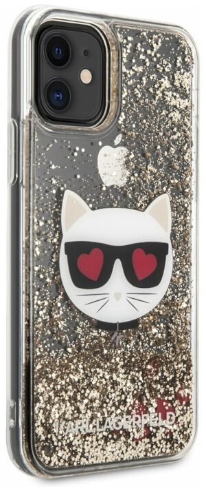 Чехол Lagerfeld для iPhone 11 Liquid Glitter Choupette head Hard Gold 1