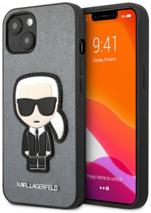 Чехол Lagerfeld для iPhone 13 PU Saffiano Karl & Choupette heads Hard Silver 1