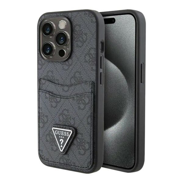 Guess для iPhone 15 Pro Max чехол PU 4G Double cardslot Triangle metal logo Hard Black 1