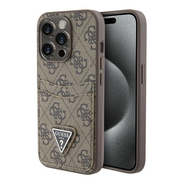 Guess для iPhone 15 Pro Max чехол PU 4G Double cardslot Triangle metal logo Hard Brown 1