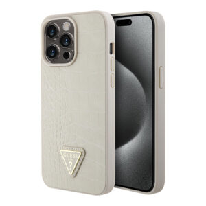 Guess для iPhone 15 Pro Max чехол PU 4G Gold pattern Triangle metal logo Hard White 1