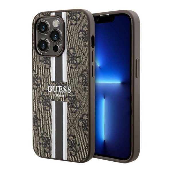 Guess для iPhone 15 Pro Max чехол PU 4G Stripes Hard Brown (MagSafe) 1