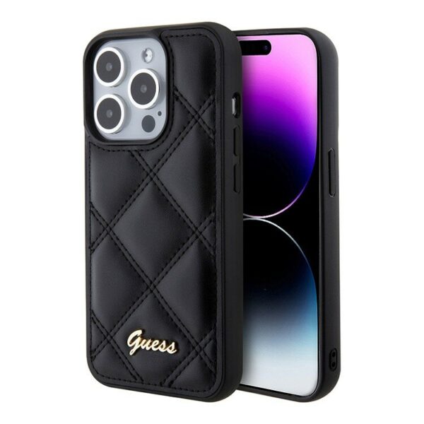 Guess для iPhone 15 Pro Max чехол PU Quilted with Script metal logo Hard Black 1
