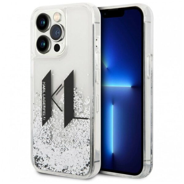 Lagerfeld для iPhone 14 Pro чехол Liquid Glitter Big KL logo Hard Silver 1