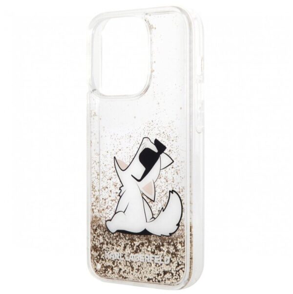 Lagerfeld для iPhone 14 Pro чехол Liquid Glitter Choupette Fun Hard Gold 1