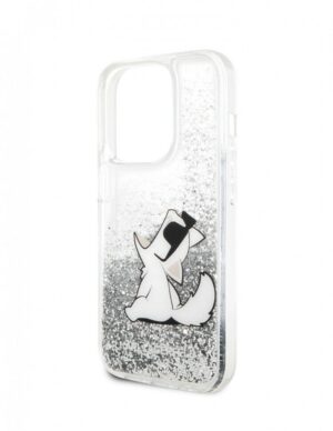 Lagerfeld для iPhone 14 Pro чехол Liquid Glitter Choupette Fun Hard Silver 1