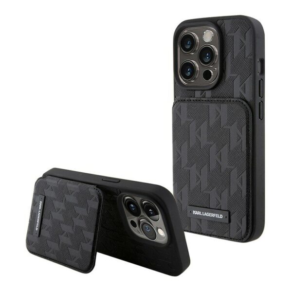 Lagerfeld для iPhone 15 Pro чехол Cardslot Stand PU Saffiano Monogram Plate logo Hard Black 1