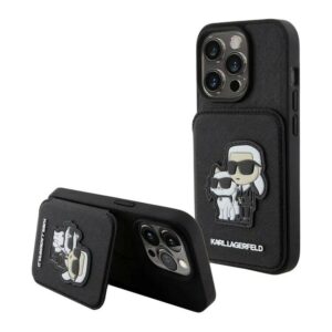 Lagerfeld для iPhone 15 Pro чехол Cardslot Stand PU Saffiano NFT Karl & Choupette Hard Black 1