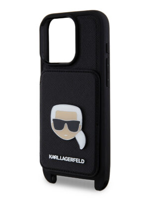 Lagerfeld для iPhone 15 Pro чехол Crossbody cardslot PU Saffiano Metal Karl Head Hard Black 1