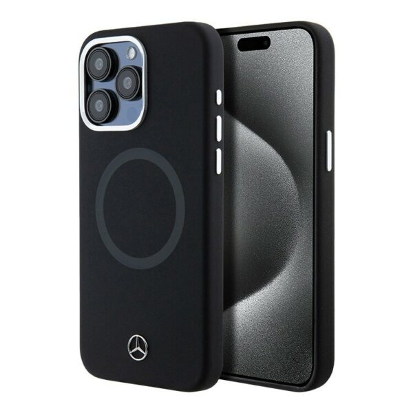 Mercedes для iPhone 15 Pro Max чехол Liquid silicone Bicolor Laser Ring Hard Black (MagSafe) 1