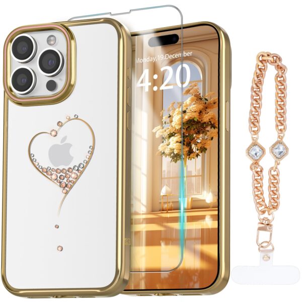 Накладка Kingxbar Clear с окантовкой золото для iPhone 15 Pro 6.1" Сердце 1