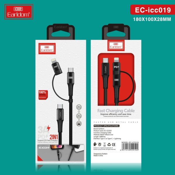 USB кабель Earldom EC-ICC019 2в1 ,Type C - Type C/iPhone, 3A, черный 1