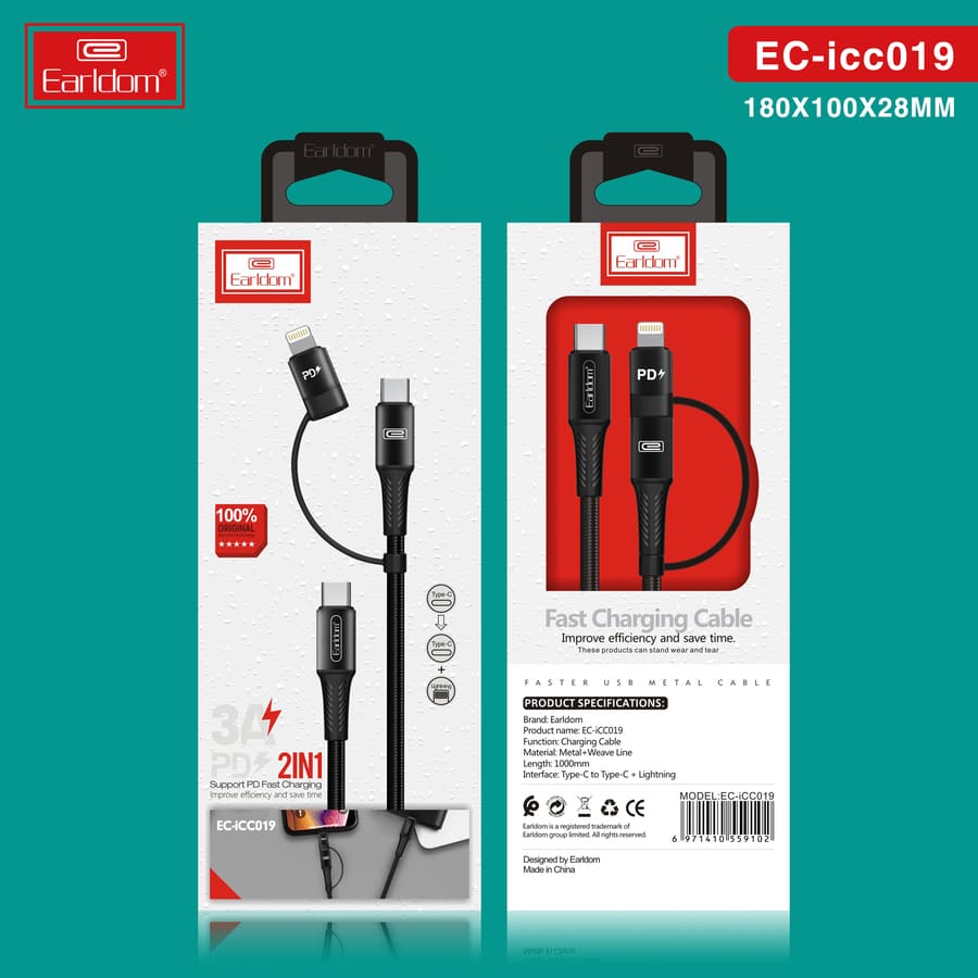 USB кабель Earldom EC-ICC019 2в1 ,Type C - Type C/iPhone, 3A, черный 1 USB кабель Earldom EC-ICC019 2в1 ,Type C - Type C/iPhone, 3A, черный 1