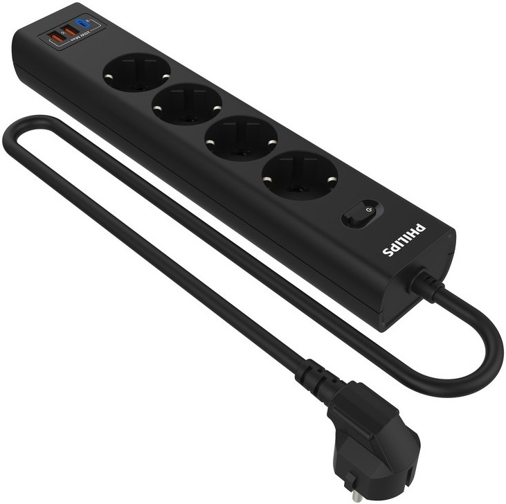 Сетевой фильтр Philips  4 Розетки с USB PD/QC3.0 (5/9/12В) 20Вт  кабель - 3M черный 1
