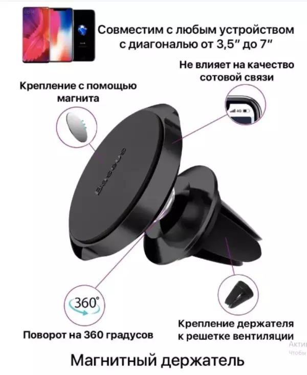 Автодержатель Baseus (SUER-A01) Small Ears Magnetic Suction Bracket Air Outlet (black) 3