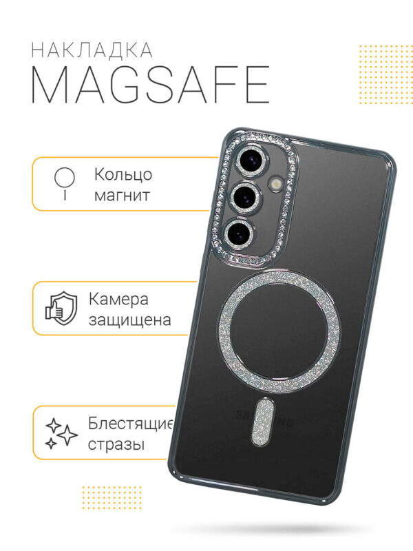 Чехол-накладка для Samsung A55 Черные стразы с MagSafe 3
