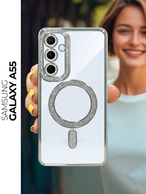 Чехол-накладка для Samsung A55 Серебряные стразы с MagSafe 1