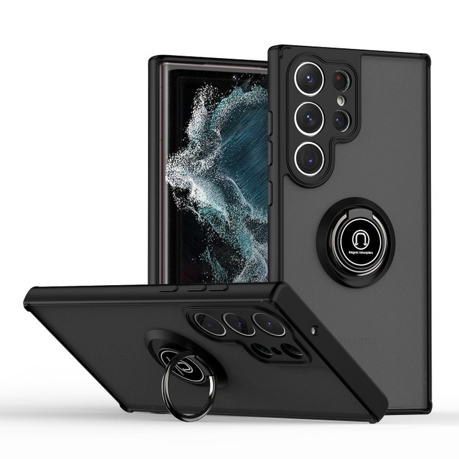 Накладка пластик матовый с окантовкой для Samsung S24 Ultra с кольцом-держателем черный 1 Накладка пластик матовый с окантовкой для Samsung S24 Ultra с кольцом-держателем черный 1