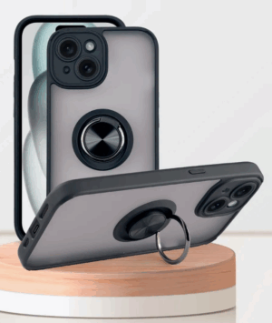 Накладка пластик матовый с окантовкой для iPhone 15 с кольцом-держателем черный 1
