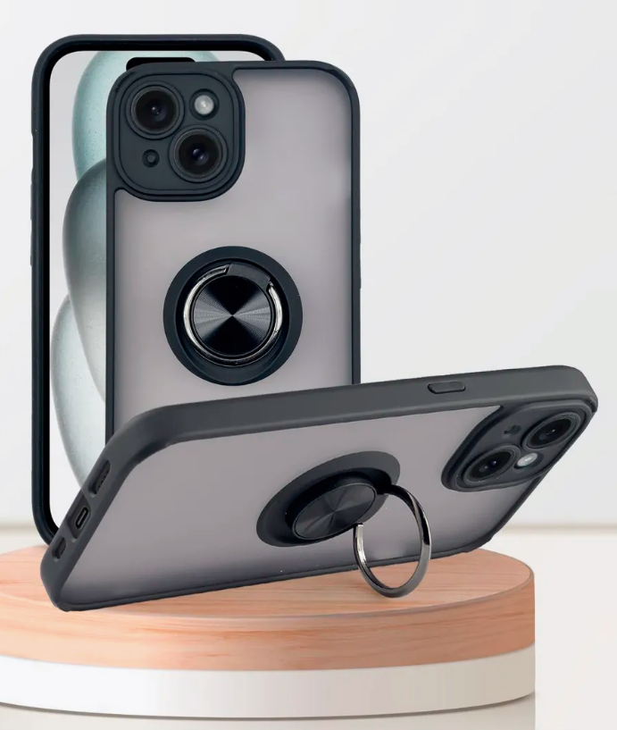 Накладка пластик матовый с окантовкой для iPhone 15 с кольцом-держателем черный 1 Накладка пластик матовый с окантовкой для iPhone 15 с кольцом-держателем черный 1