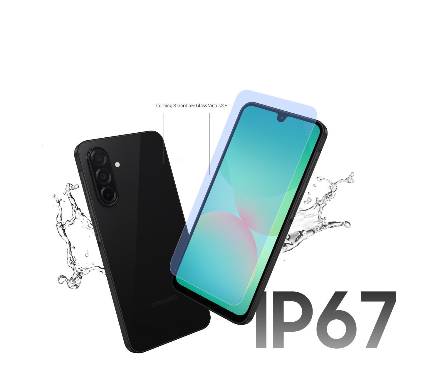 Два смартфона Galaxy A26 5G. Один корабль показан сзади, а другой — спереди, он накрывает экран защитным слоем. Линии идут от переднего и заднего стекла устройств к выноскам Corning® Gorilla® Glass Victus®+, что указывает на использование этого стекла в модели. Брызги воды за устройствами символизируют их защиту от воды. Справа внизу текст: «IP67».