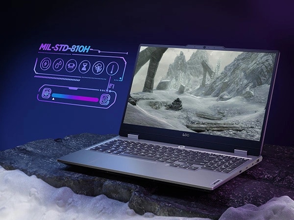 Ноутбук LENOVO LOQ 15IAX9 (83GS00EKRK) 15.6" FHD /Intel Core i5 12450HX/RAM 24Гб/SSD 512Гб/RTX 4060 4 Игровой ноутбук Lenovo LOQ 15IAX9 — вид справа, крышка открыта, на дисплее — арктическая сцена, сбоку — изображение стандарта MIL-STD 810H