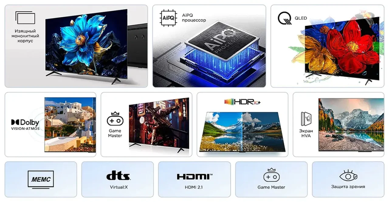 55" Телевизор TCL 55P7K черный QLED 3840x2160, 4K UltraHD, 60 Гц, Wi-Fi, Smart TV, Google TV 2