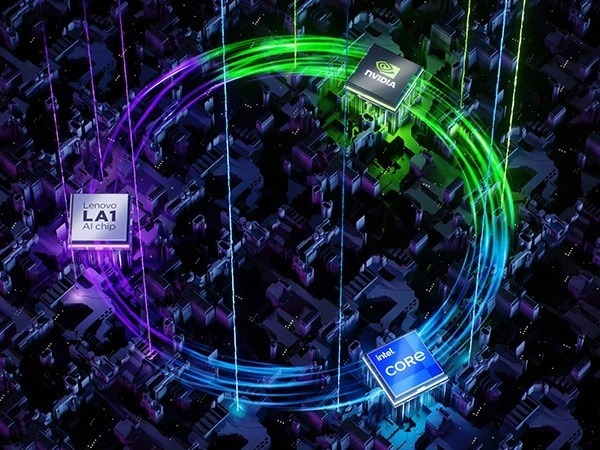 Крупные планы ИИ-чипа LA1, процессора Intel® Core™ и графического процессора NVIDIA®. Между ними проходят линии, объединяя их в круг и иллюстрируя динамическую настройку параметров в игровом ноутбуке Lenovo LOQ 15IAX9