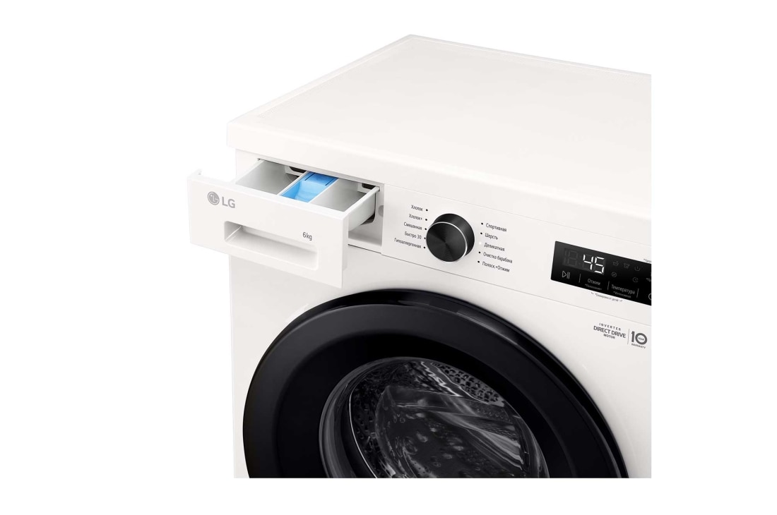 LG Стиральная машина узкая LG F2Y1NS6W с паром, 6 кг, Стиральная машина LG F2Y1NS6W с открытым лотком (вид справа), F2Y1NS6W
