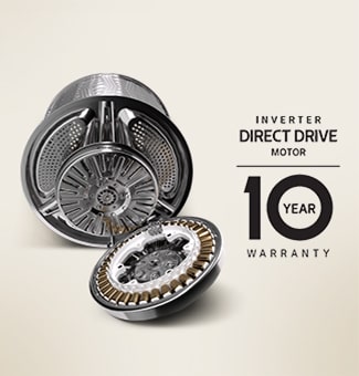 На изображении демонстрируется мотор стиральной машины и надпись о 10-летней гарантии на него.