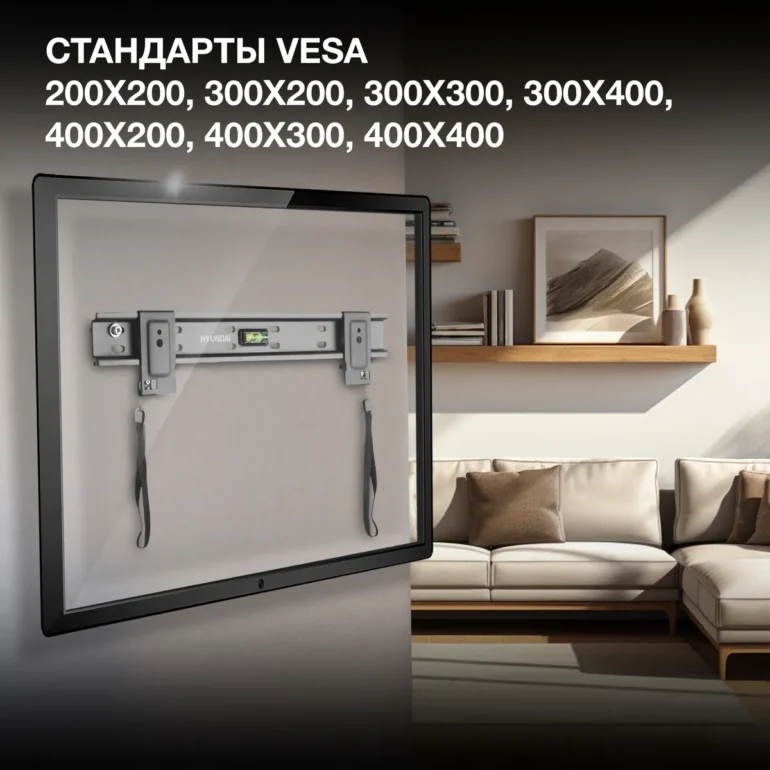 Поддержка популярных стандартов крепления VESA 200x200, VESA 300x300, VESA 400x400 делает этот кронштейн VESA универсальным. Он совместим с большинством телевизоров известных брендов, обеспечивая плотное и устойчивое крепление. Будь то кронштейн для телевизора 43, кронштейн на телевизор 32, или кронштейн для телевизора настенный 55, модель SL-X1 — это универсальный вариант.  Этот кронштейн на стену отличается простотой установки и надежной конструкцией. Он идеально подойдет как для дома, так и для офисных помещений. Благодаря лаконичному дизайну, кронштейн металлический Hyundai SL-X1 органично впишется в любой интерьер.