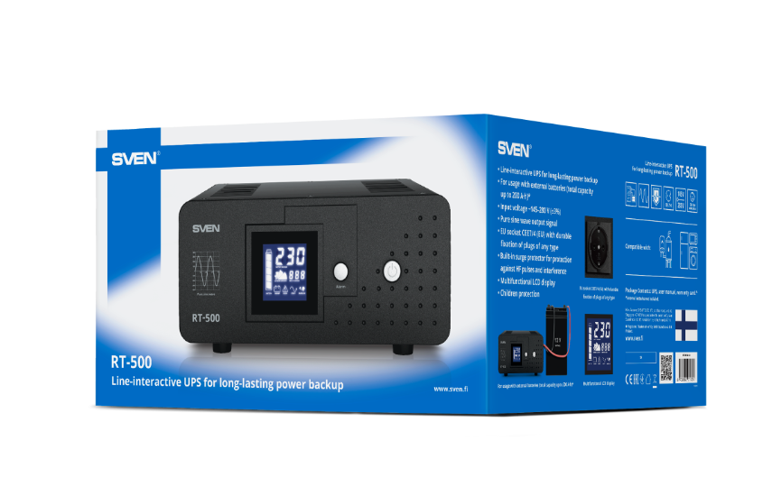 Источник бесперебойного питания SVEN RT-500 (Выходная мощность 300W, 600VA, Автоматическая регулиров 6 Источник бесперебойного питания SVEN RT-500 (Выходная мощность 300W, 600VA, Автоматическая регулиров 6