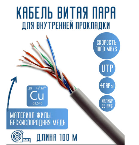 Витая пара UTP cat5e 26AWG 8 жил Медь (Cu) 100 м 1 Витая пара UTP cat5e 26AWG 8 жил Медь (Cu) 100 м 1