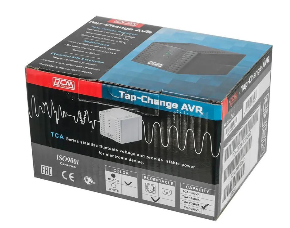 Стабилизатор напряжения Powercom TCA-2000 черный (187 В - 276 В, 2000 ВА, 1 кВт, 50-60 Гц, розеток - 5 Стабилизатор напряжения Powercom TCA-2000 черный (187 В - 276 В, 2000 ВА, 1 кВт, 50-60 Гц, розеток - 5