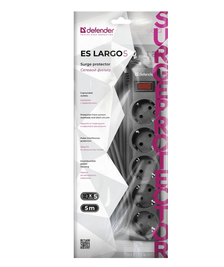Сетевой фильтр Defender ES largo 5, 5м, черный, 5 розеток 4 Сетевой фильтр Defender ES largo 5, 5м, черный, 5 розеток 4