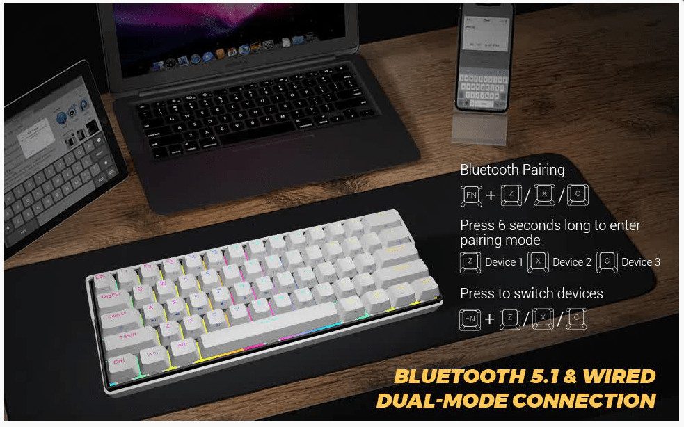 Клавиатура беспроводная механическая Kemove DK61 RGB/BT+USB/Blue Switch 6 Клавиатура беспроводная механическая Kemove DK61 RGB/BT+USB/Blue Switch 6