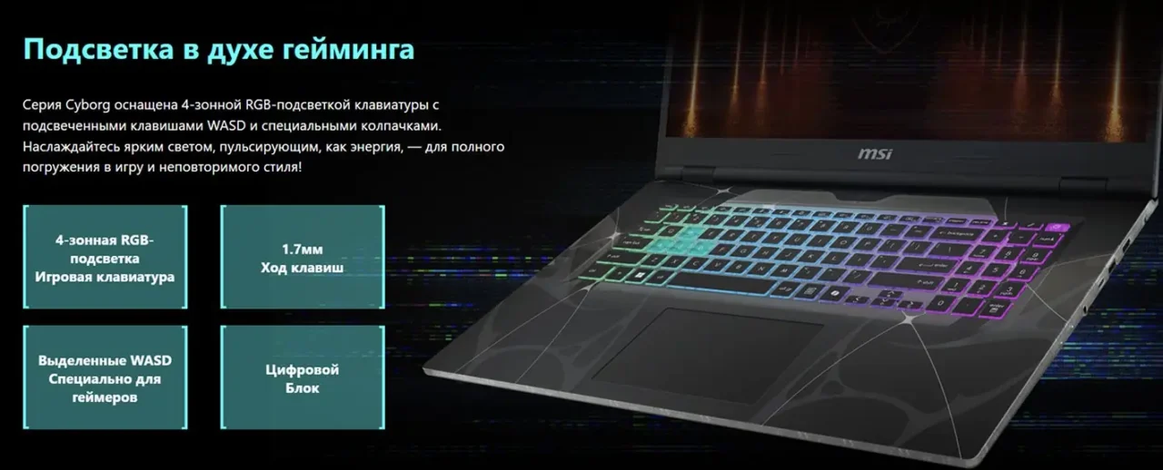 Ноутбук MSI Cyborg 17 (B13WEKG-215XRU) 17,3", IPS, i7-13620H/16/1024/RTX5050, черный (17.3", 1920х10 25