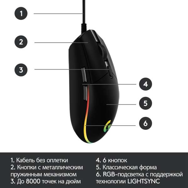 Игровая мышь Logitech G102 LightSync черный фото 6