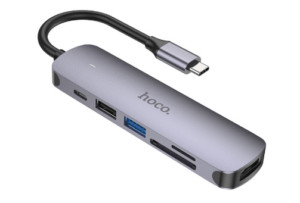 USB HUB Hoco HB28 Type-C multi-function converter(HDTV+USB3.0+USB2.0+SD+TF+PD)Metal Grey 1
