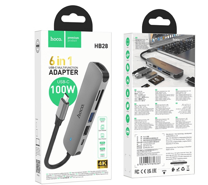 USB HUB Hoco HB28 Type-C multi-function converter(HDTV+USB3.0+USB2.0+SD+TF+PD)Metal Grey 4 USB HUB Hoco HB28 Type-C multi-function converter(HDTV+USB3.0+USB2.0+SD+TF+PD)Metal Grey 4