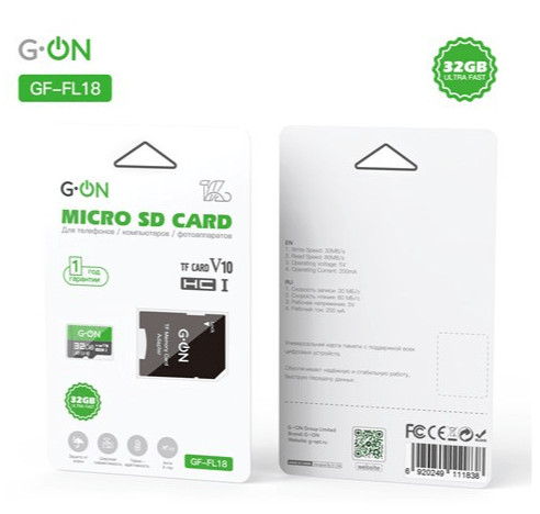 Карта памяти G-ON GF-FL18 microSD V10 32Gb +adapterSD 2 Карта памяти G-ON GF-FL18 microSD V10 32Gb +adapterSD 2