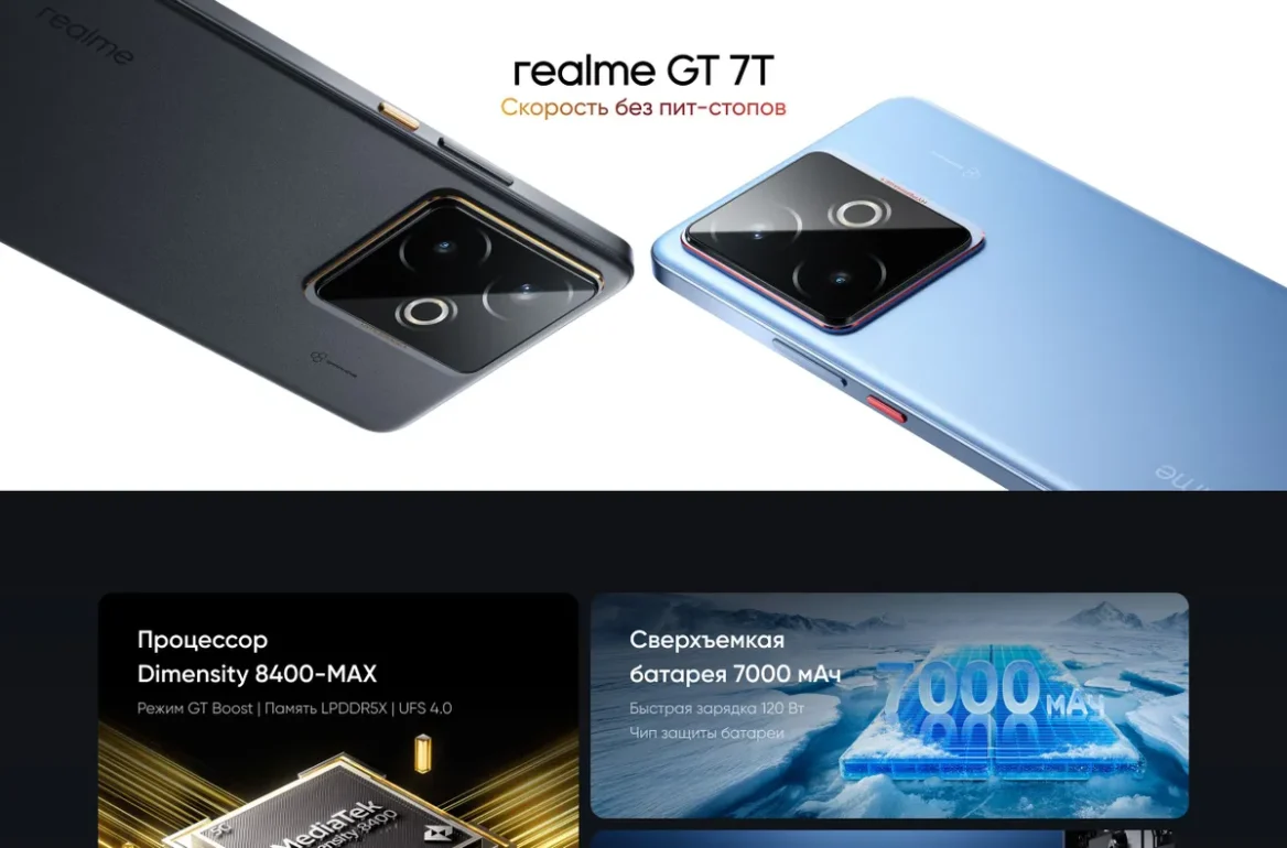 Смартфон realme GT 7T, 12 ГБ/512 ГБ, 7000mAh, быстрая зарядка 120Вт, двойная камера, Синий ледник 1 Смартфон realme GT 7T, 12 ГБ/512 ГБ, 7000mAh, быстрая зарядка 120Вт, двойная камера, Синий ледник 1