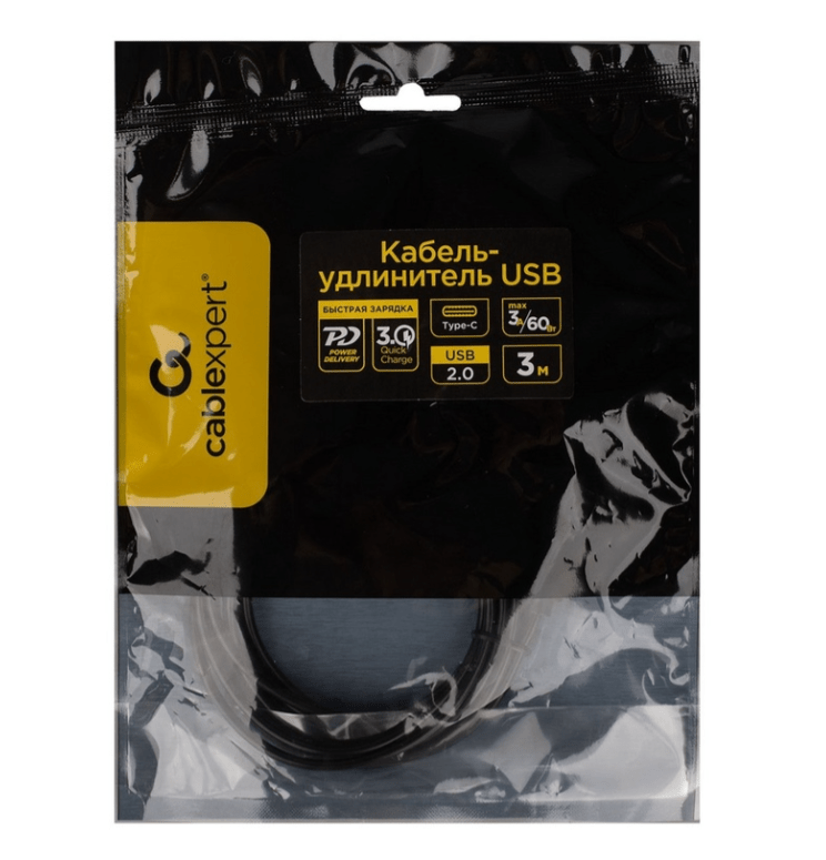 Кабель-удлинитель Type-C, Cablexpert CCP-USB2-CMCF-3M, Type-C(М)/Type-C(F), 3А, 60Вт, PD/QC3.0, 3м 2 Кабель-удлинитель Type-C, Cablexpert CCP-USB2-CMCF-3M, Type-C(М)/Type-C(F), 3А, 60Вт, PD/QC3.0, 3м 2